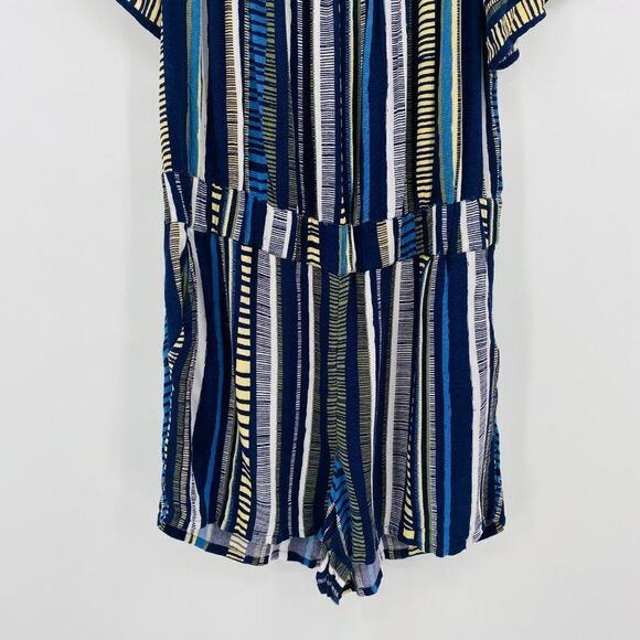 LOFT Lounge Size Medium Blue & Yellow Striped Off The Shoulder Romper w/ Pockets - Picture 3 of 10